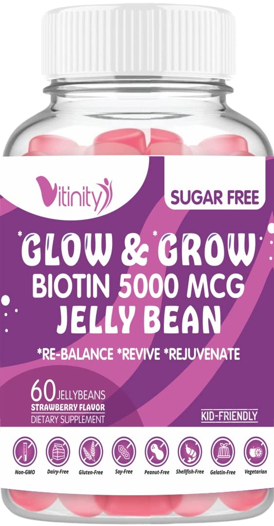 VITINITY Biotin 5000 Mg Végétarien extra-fort (Vitamine B) Supplément sans sucre-supports cheveux et peau plus sains - Femmes et hommes 60 Végétarien sans sucre sans gelée (30 jours d'approvisionnement)