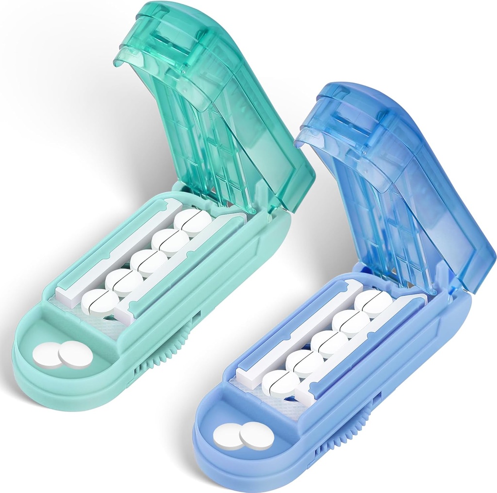 DUBSTAR 2PCS Pill Cutter Splitter voor kleine en kleine pillen, Meerdere pil snijders voor kleine of grote pillen, verstelbare pil splitter met centrering apparaat en blade guard (Blue+Cyan)