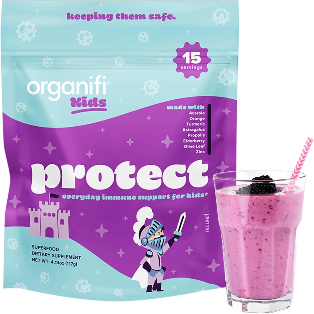 Organifi Kids: Protect - Everyday Immune Support for Kids with Elderberry, Acerola Cherry and Zink - Berry Flavored Immunity Powder - Plant-Based, Vegan, and No Gluten, Dairy or Soy - 15 Servers