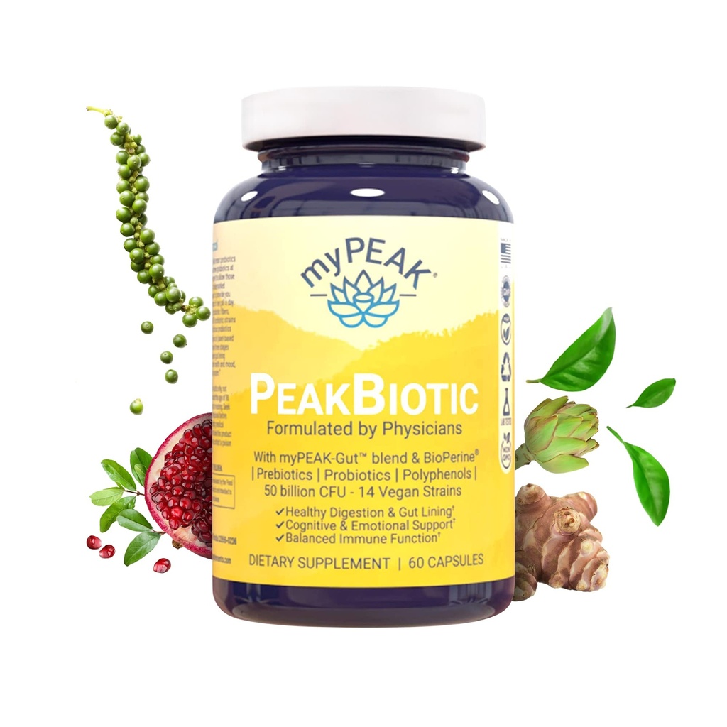 myPEAK PeakBiotic: The Ultimate Vegan Synbiotic with 50 Miljard CFU Probiotica Prebiotica Postbiotica Modbiotica and Gut Lining to Enhance Digestie, Skin, and Mood with 2-Month Supply, 60 Capsules