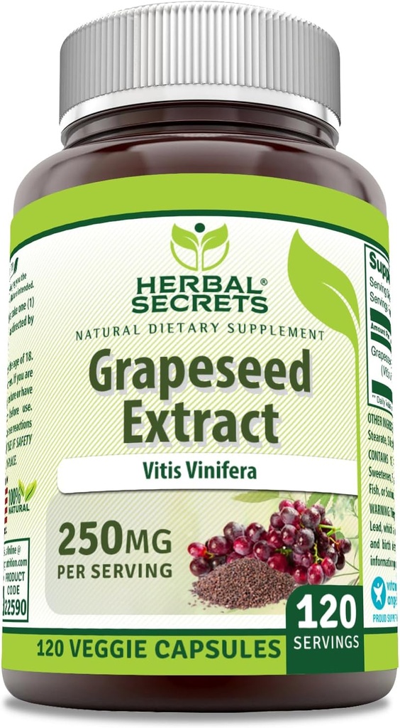 Herbal Secrets Supplément à l'extrait de graines de raisins 250 Mg par portion 120 Capsules de légumes non-OGM