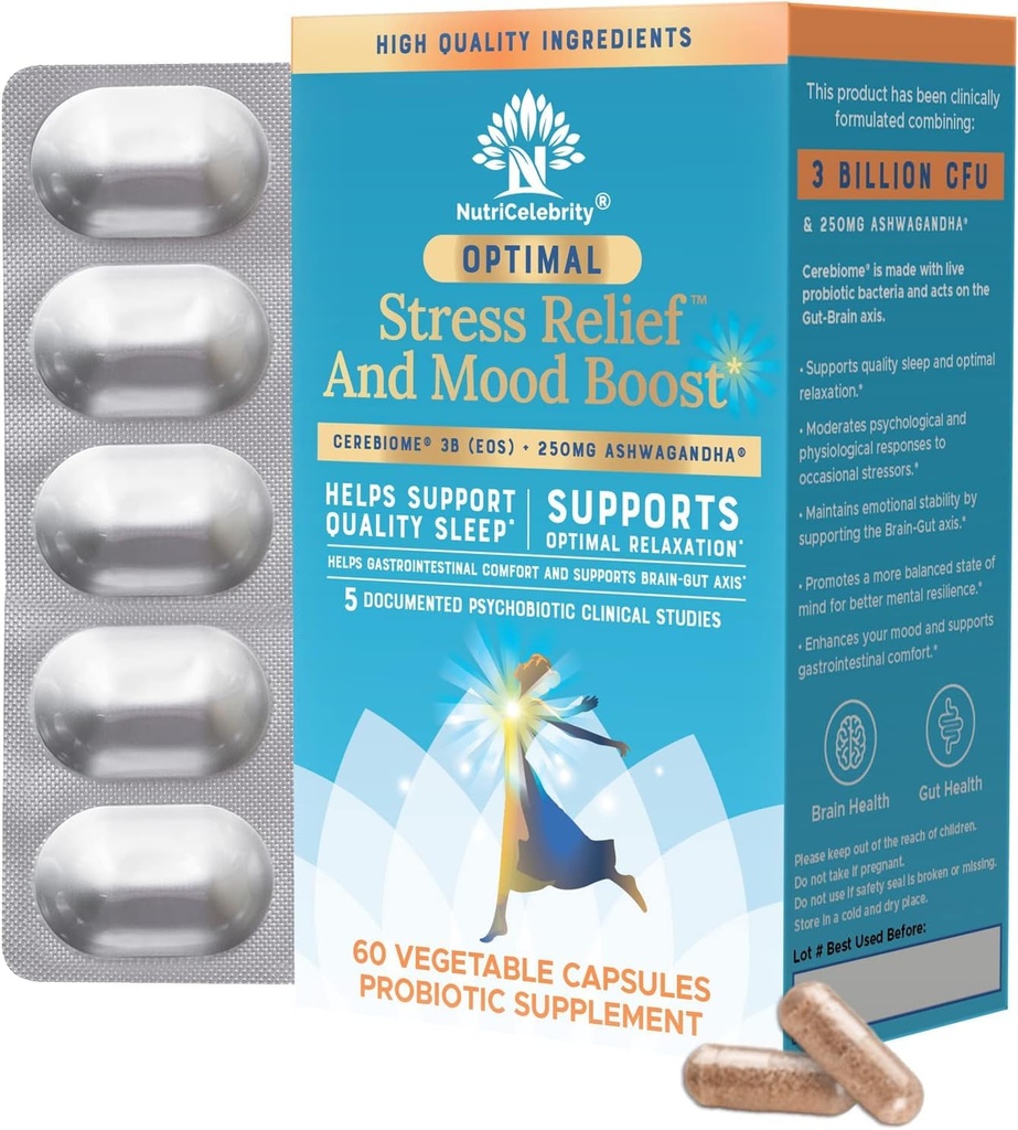 Nutricelebrity Optimal Stress Relief Supplement, Mood Support, Slaaphulp, Ashwagandha Organic, KSM-66, Brain Focus, Probiotica voor vrouwen, Gut Health, Vegan Non GMO 60 Days Supply - 2 Pack