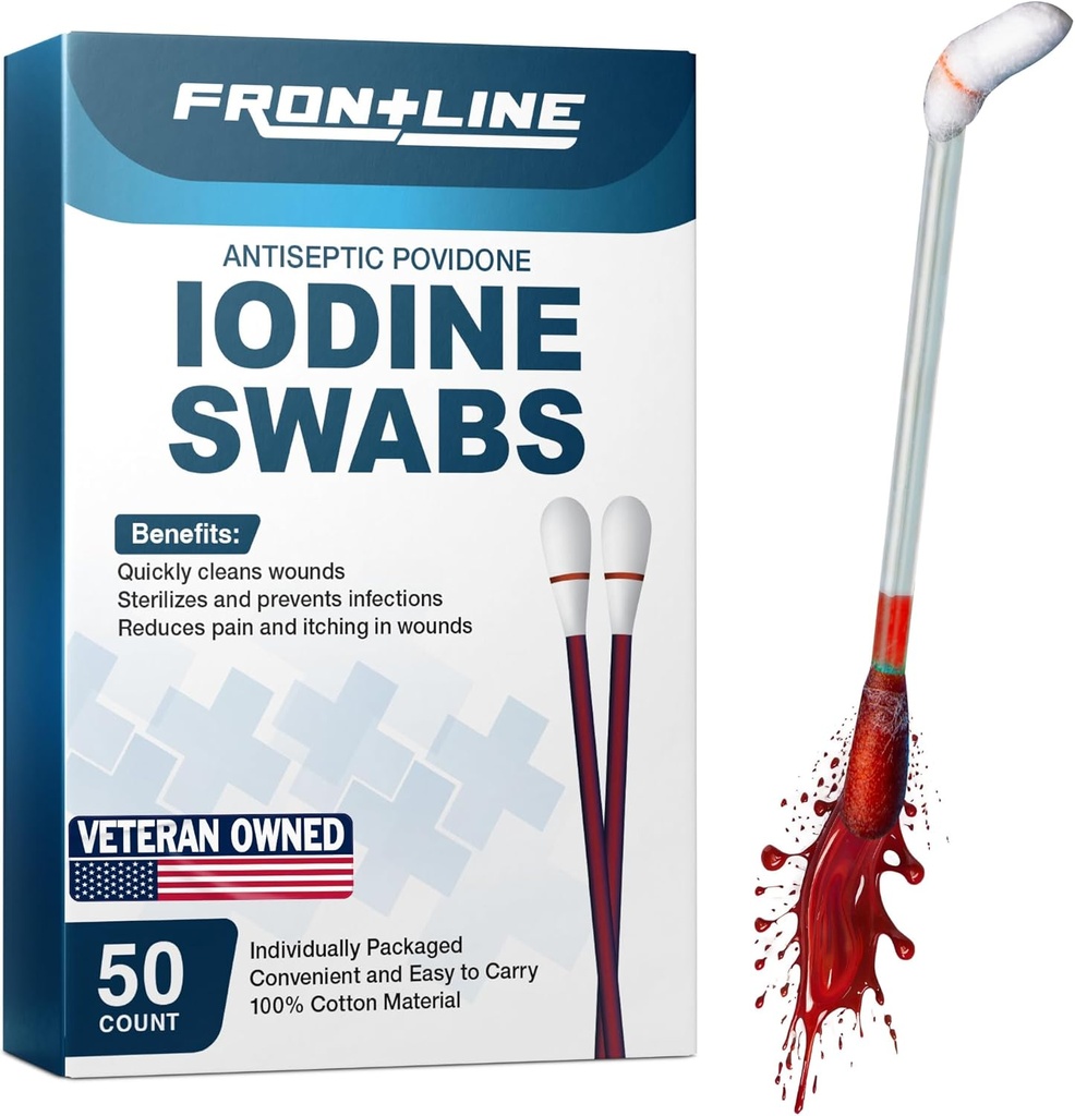 FrontLine Povidone Jodium Swabs, Antiseptische Swabsticks, Jodium Solution, Cleansing Cotton Swab, Individually Wrapped Medical Supplies, Wound Care, EHBO, Wound Cleaner, Doos van 50