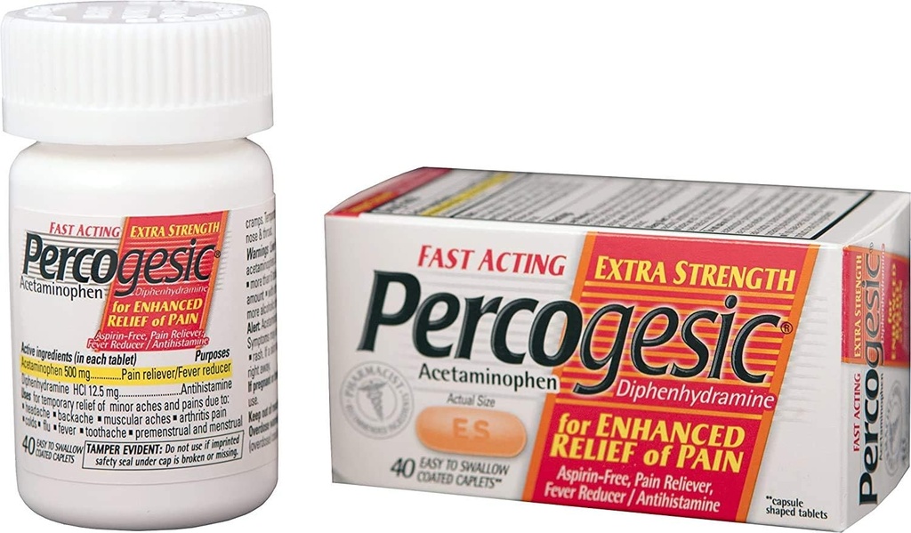 Comprimés de soulagement de la douleur sans aspirine percogésique, force supplémentaire, acétaminophène et diphenhydramine, 40 ct (paquet de 1)