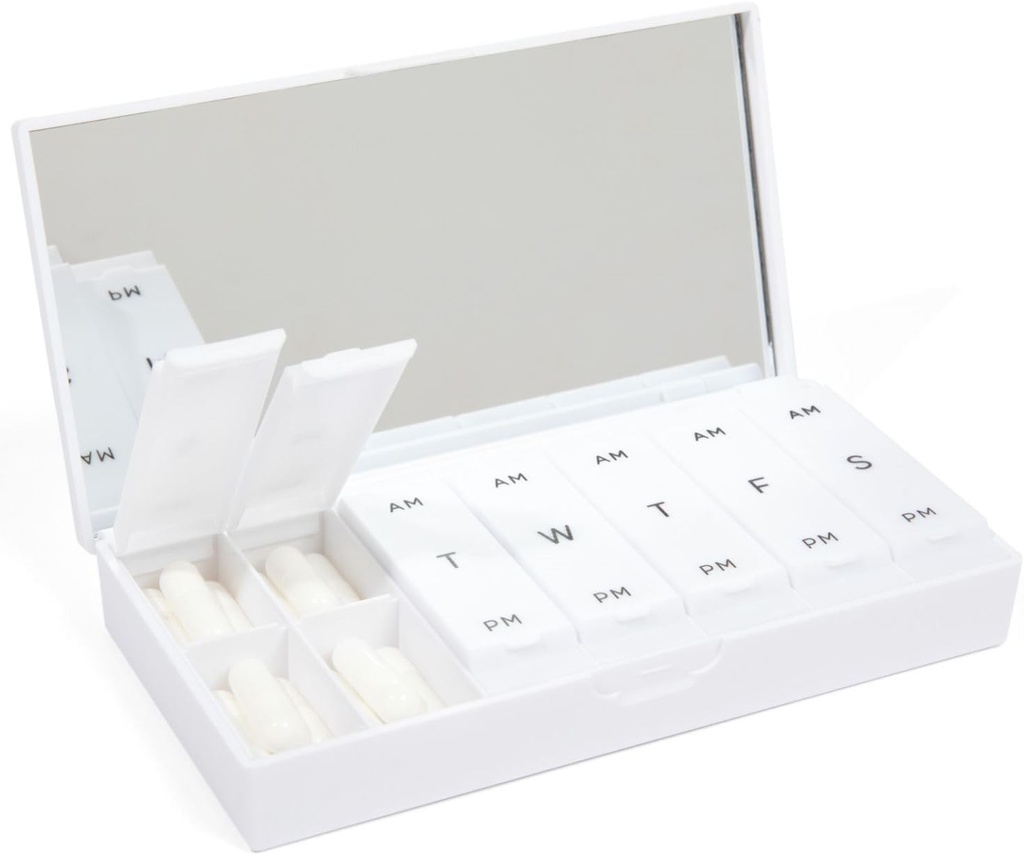 PORT X POLISH Designer Weekly Pill Box Organizer (AM/PM 2X Daily, Crisp White) 