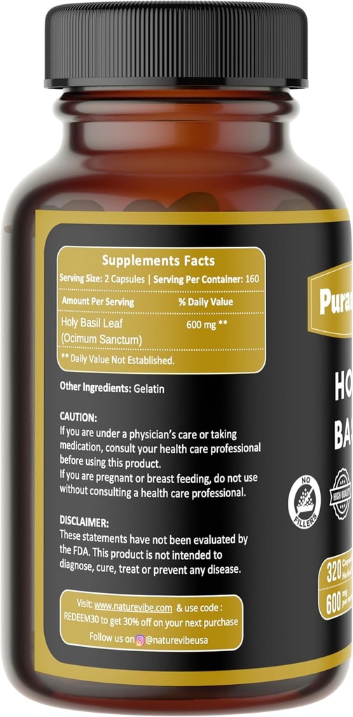 Holy Basil Premium 320 Capsules Sans OGM et sans gluten. Supplément à base de plantes.