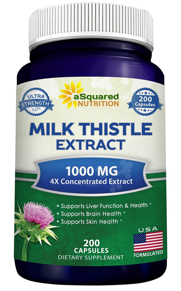aSquared Nutrition Milk Thistle Supplement 1000mg-200 Capsules,Max Strength 4X Geconcentreerd Extract 4:1 Milk Thistle Seed Powder Herb Pillen, 1000 mg Silymarin Extract voor leverondersteuning, reiniging, detox