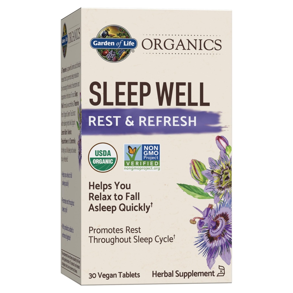 Tuin van het leven Organics Slaapwel Rest & Refresh 30 tabletten, citroenbalsem, groene thee Extract L-Theanine, Valeriaan wortel, kamille, Probiotica-Organische niet-GMO Veganistische Glutenvrije plantaardige supplement