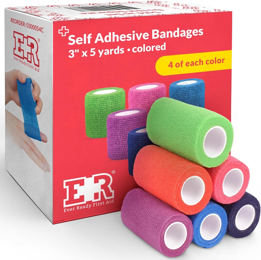 Ever Ready First Aid Self Adherent Cohesive Bandages 3" x 5 Yards - 24 Count, Rainbow Colors