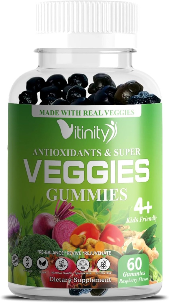 VITINITY Made with Real Super Veggies Delicious Gummy Supplement,Men,Women & Kids(60 Kauwen),30 Veggies,Herbs,Fruit en plantaardige vitamines,Non-GMO,Pectine-Based,Gluten-Free,Geen pillen (30 dagen levering)