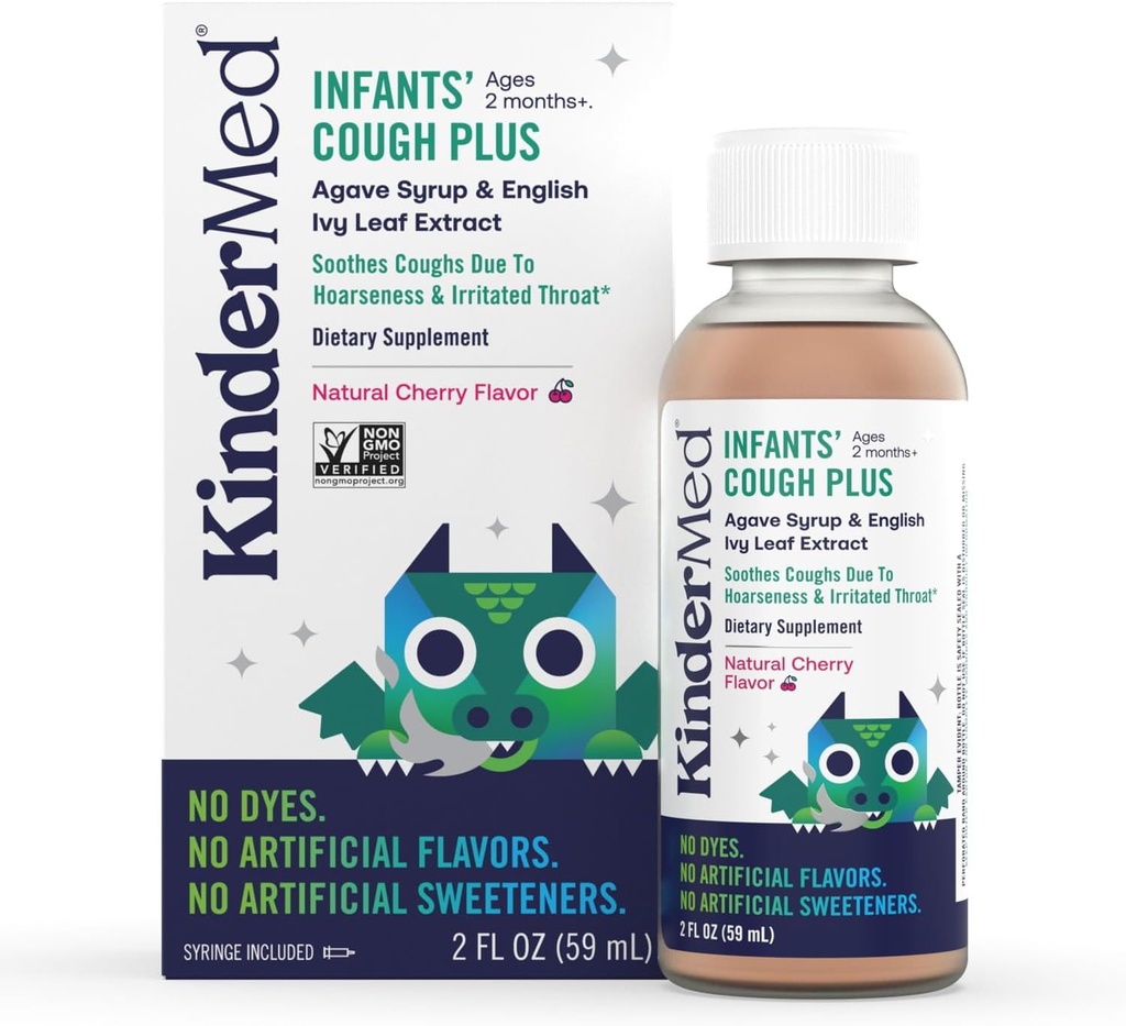 Kindermed Baby's Daytime Cough Plus, Biologische Agave Siroop en Engels Ivy Leaf Extract, Geen Verfstoffen, Geen kunstmatige smaken of zoetstoffen, Niet-GMO, voor Baby's 2 Maanden +, Natuurlijke Cherry Flavor (2 Fl Oz)