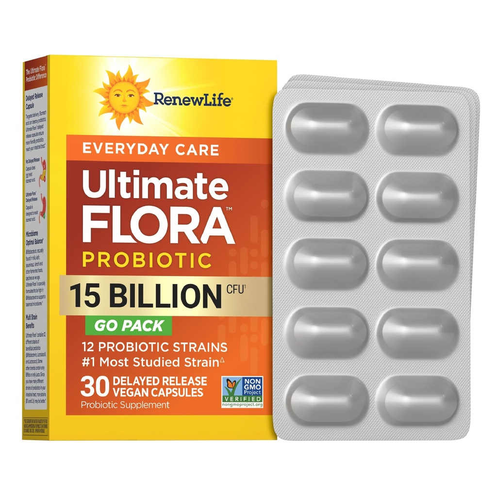 Renew Life Everyday Go-Pack Probiotic Capsules, Daily Supplement ondersteunt urine, spijsvertering en immuungezondheid, L. Rhamnosus GG, zuivel, soja en glutenvrij, 15 miljard CFU, 30 Tellen