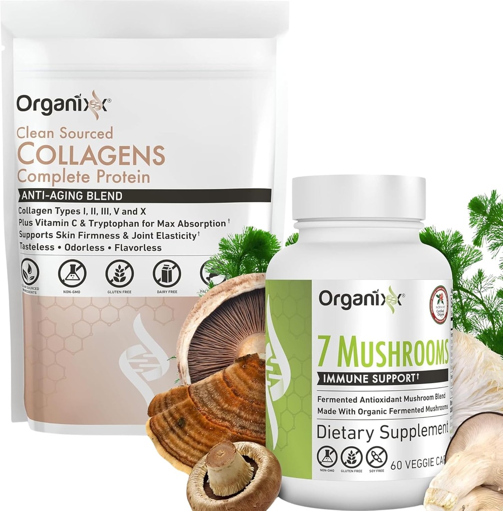 Organixx Clean Sourced Collageen Powder, Unflavored, 20 Servings & Organic Mushroom Supplement (60 Vegetarische Capsule)