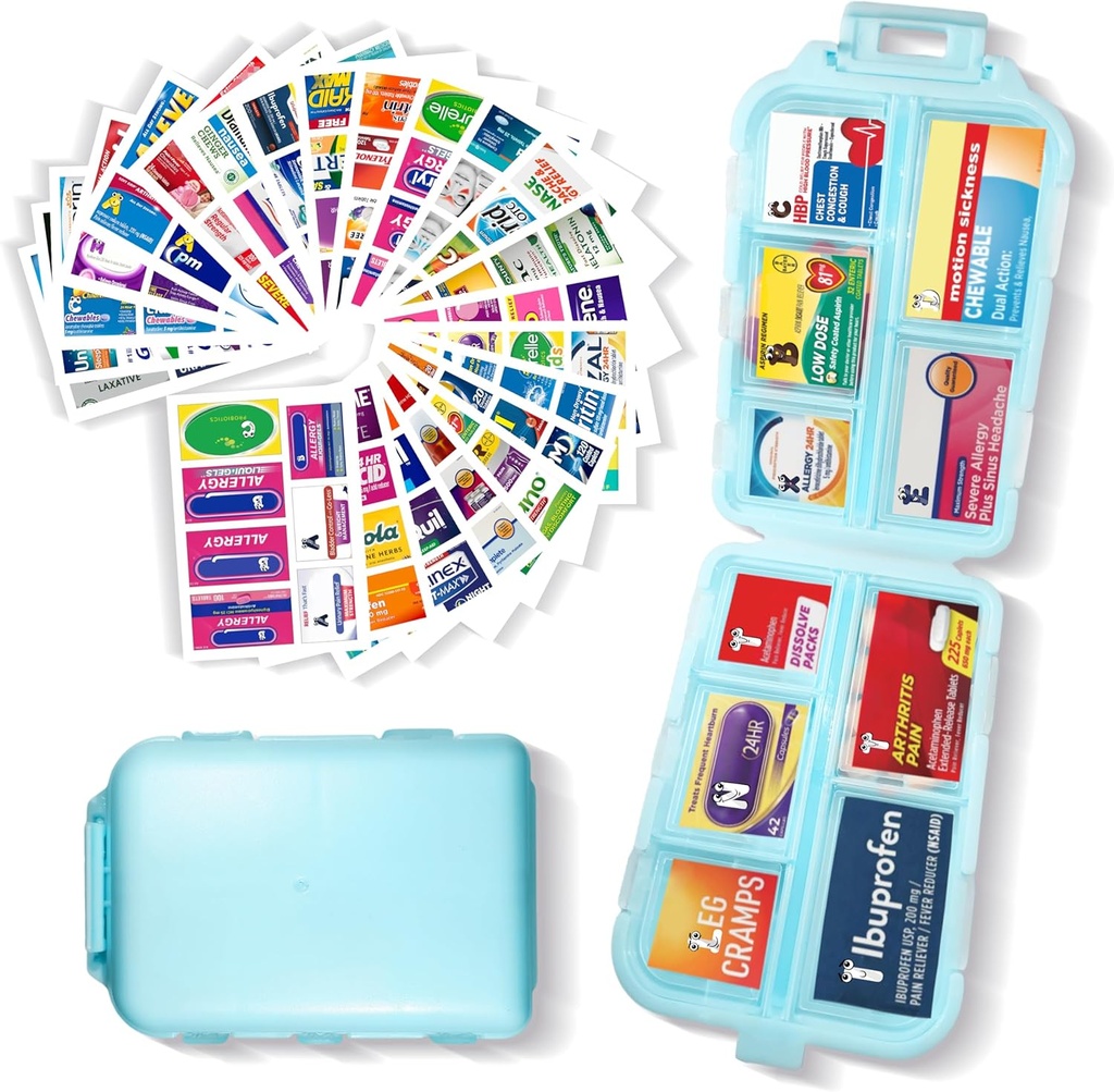 Pill Organizer with Medicine Labels 161 Étiquettes Voyage quotidien Pill Container Mini Organisateur de médicaments Entreposage Pill Organizer Travel Essentials Pill Case 7 Day (Blue, 1 Pack)