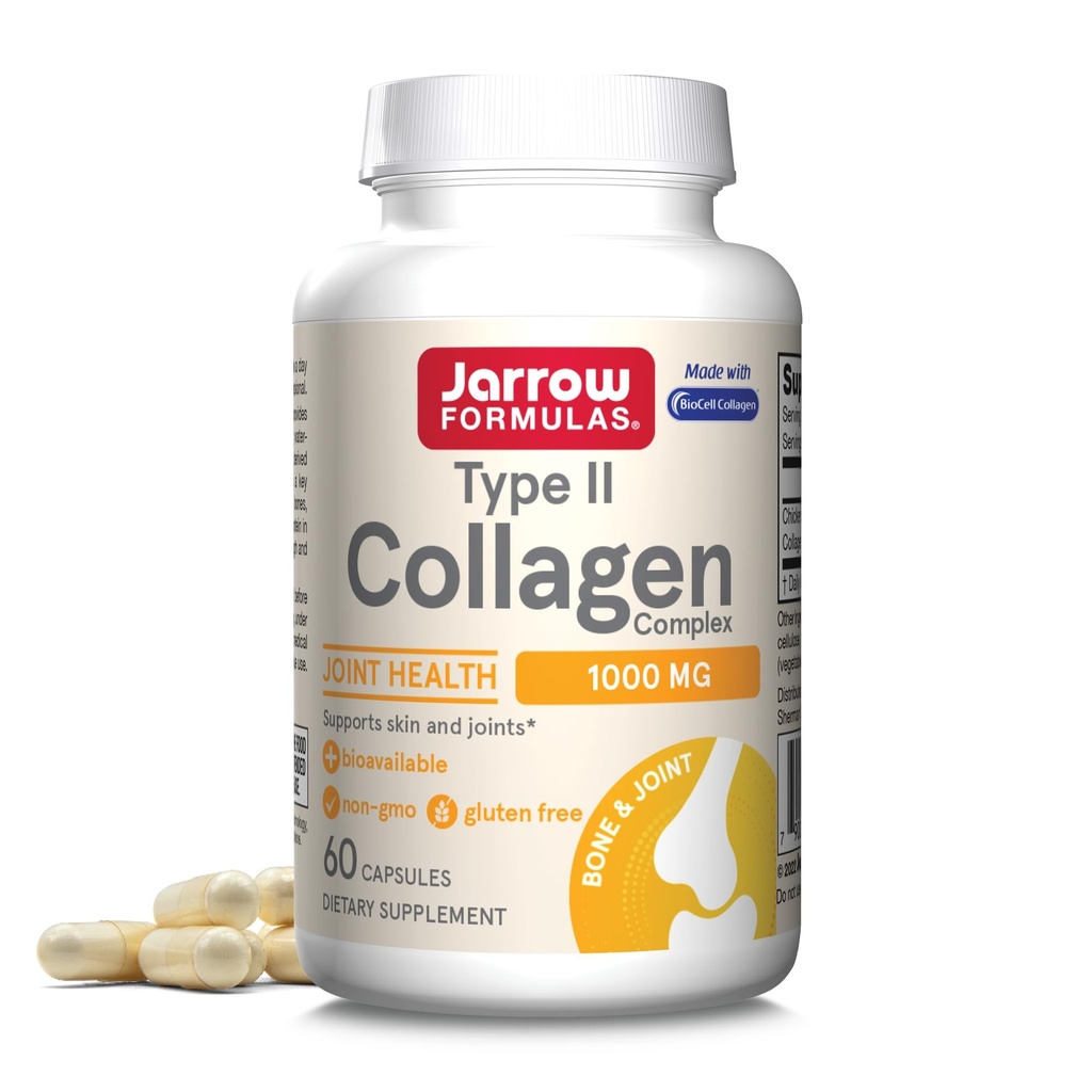 Jarrow Formulas® Type II Collageen Complex 1000 mg Supplementen, Ondersteunt huid- en gewrichtsgezondheid, 60 capsules, 30 dagen levering