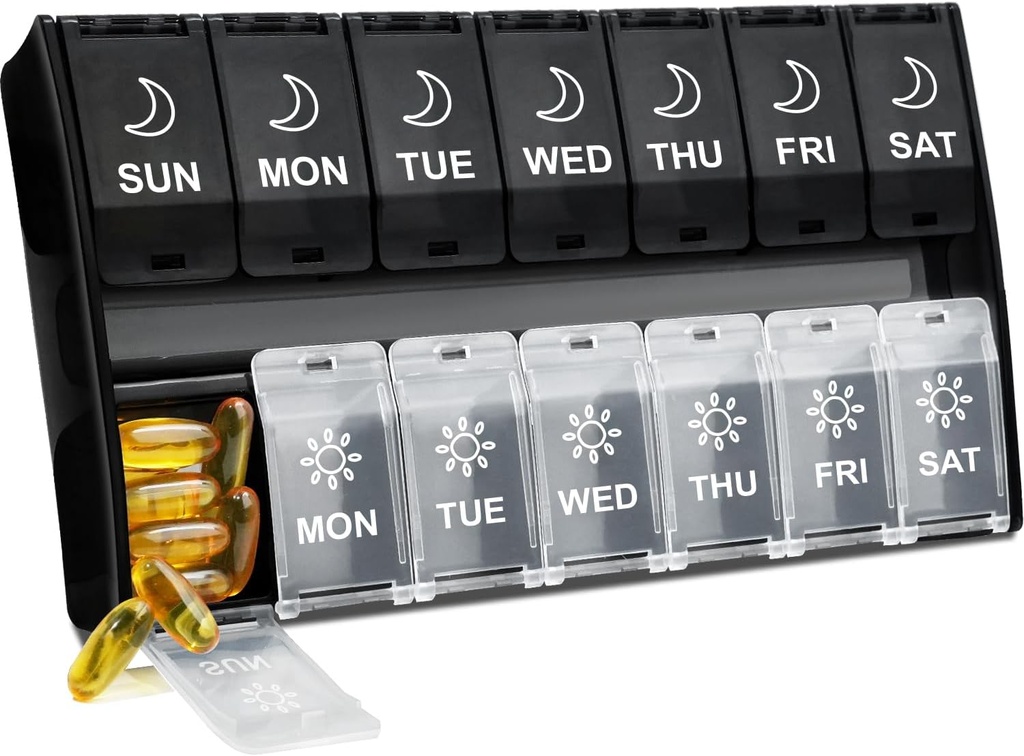 XL Large Pill Organizer 2 fois par jour, boîte à pilules hebdomadaire Am Pm avec des lides à charnières, 7 jours de médecine cas de pilule de vitamine, conteneur de pilule quotidienne, grand organisateur de médicaments pour supplément