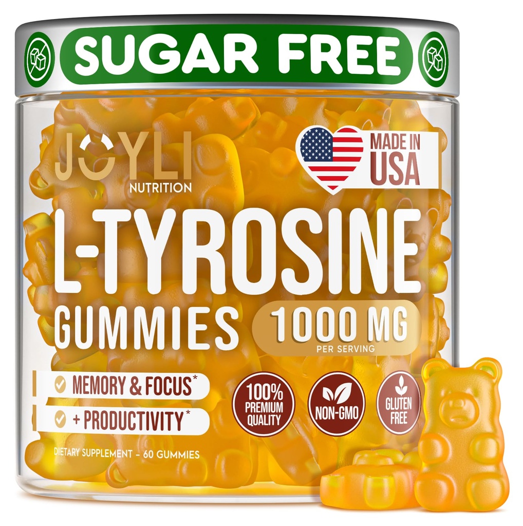Joyli L Gommies Tyrosine 1000MG - Supplément L-Tyrosine pour les enfants et les adultes - Gummies Calm & Focus pour le cerveau, la mémoire, l'humeur et l'énergie - 500mg L- Poudre Tyrosine par Gummy - Vegan, sans gluten