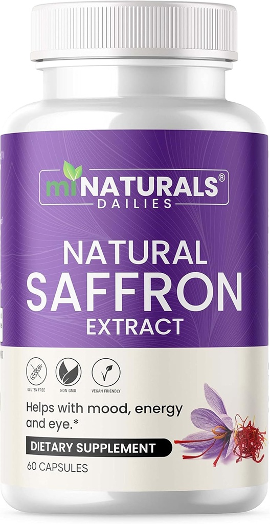 Suppléments naturels de safran - Capsules d'extrait Pure Premium - Support d'humeur - Eye Support - Energy - Made in USA - 88.50 mg - 60 Pills - Optimisé - Pastillas de Azafran