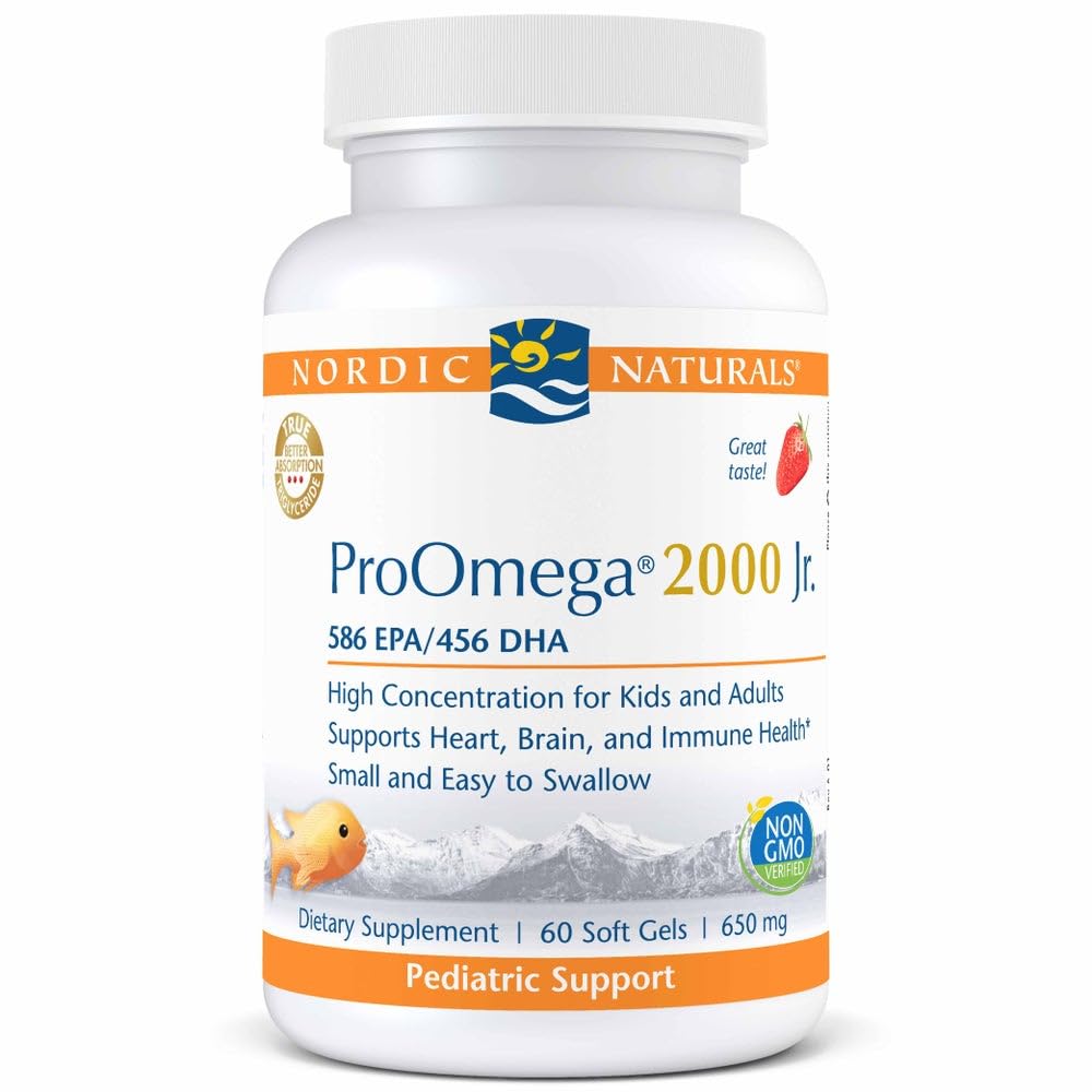 Nordic Naturals ProOmega 2000 Jr., Aardbei Smaak - 60 Zachte Gels - 1120 mg Omega-3 - Ultra Potent Fish Oil - EPA & DHA - Promoot Hersenen, Hart, & Immuun Gezondheid - Non-GMO - 30 porties
