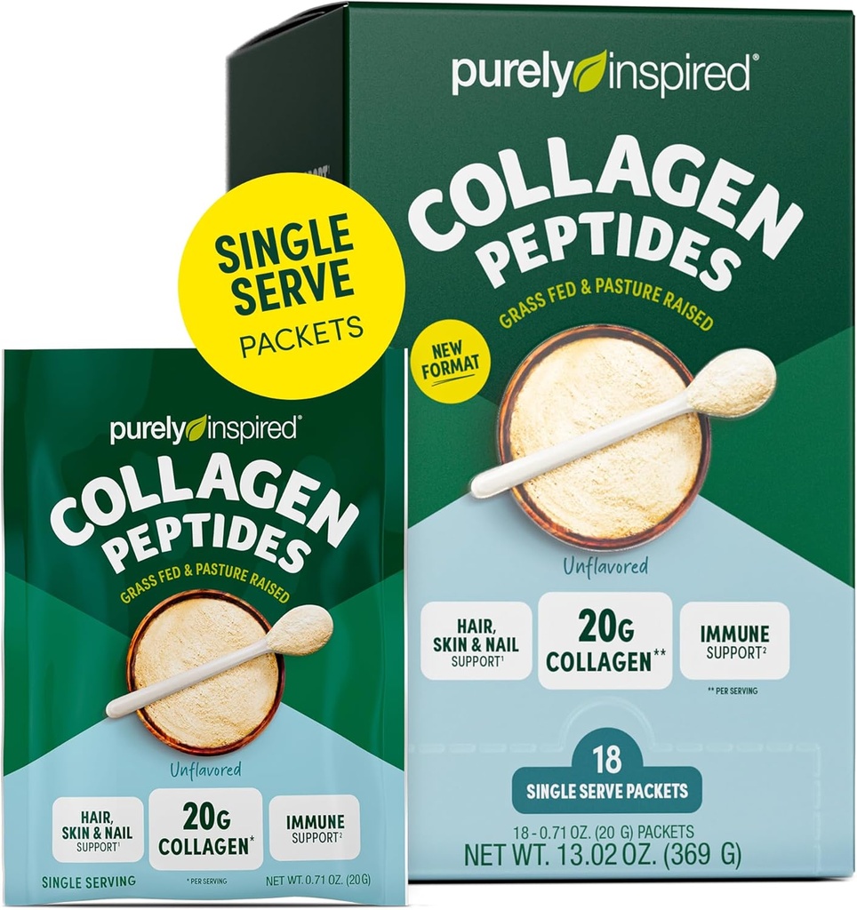 Puur geïnspireerd Collageen Poeder, 18 Single Serve Packets, Unflavored - 20g Collageen Peptides Proteine Powder for Women & Men - Grass-Fed & Pasture Raised - Gluten-Free, Paleo & Keto-Friendly