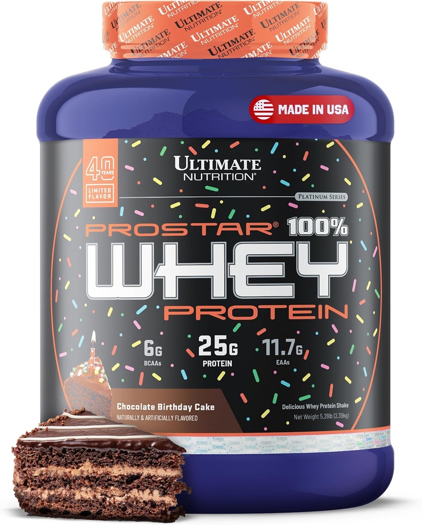 Ultimate Nutrition Prostar Whey Protein Powder Isolate, Chocolate Birthday Cake - Low Carb, High Protein Powder Shake for Muscle Gain & Recovery - Low Sodium, Low-Fat & Keto Friendly - 5,28 lbs Tub