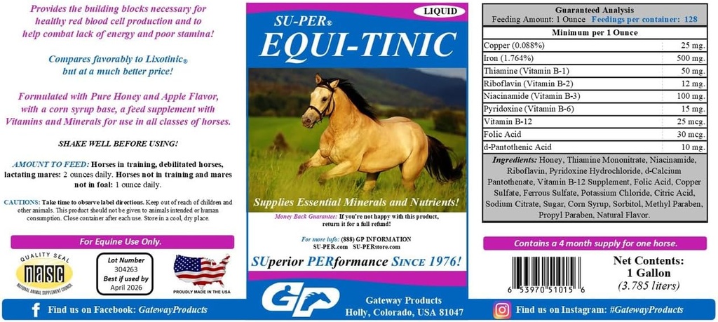 SU-PER Equi-Tinic Horse Minerals Supplement - Essentiële Mineralen en Nutriënten voor gezonde bloedcellen en energie - 1 Gallon