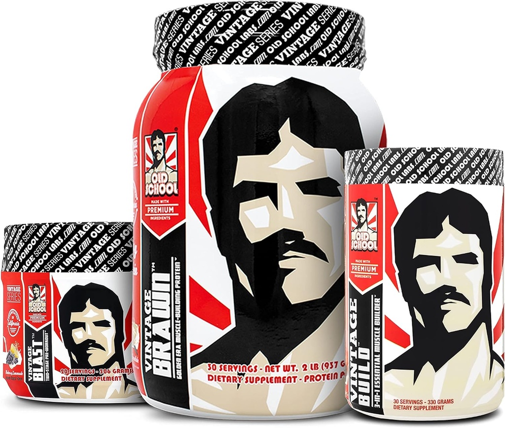 Old School Labs Vintage Build Post Workout, Vintage Blast Pre Workout en Vintage Brawn Proteïne Poeder
