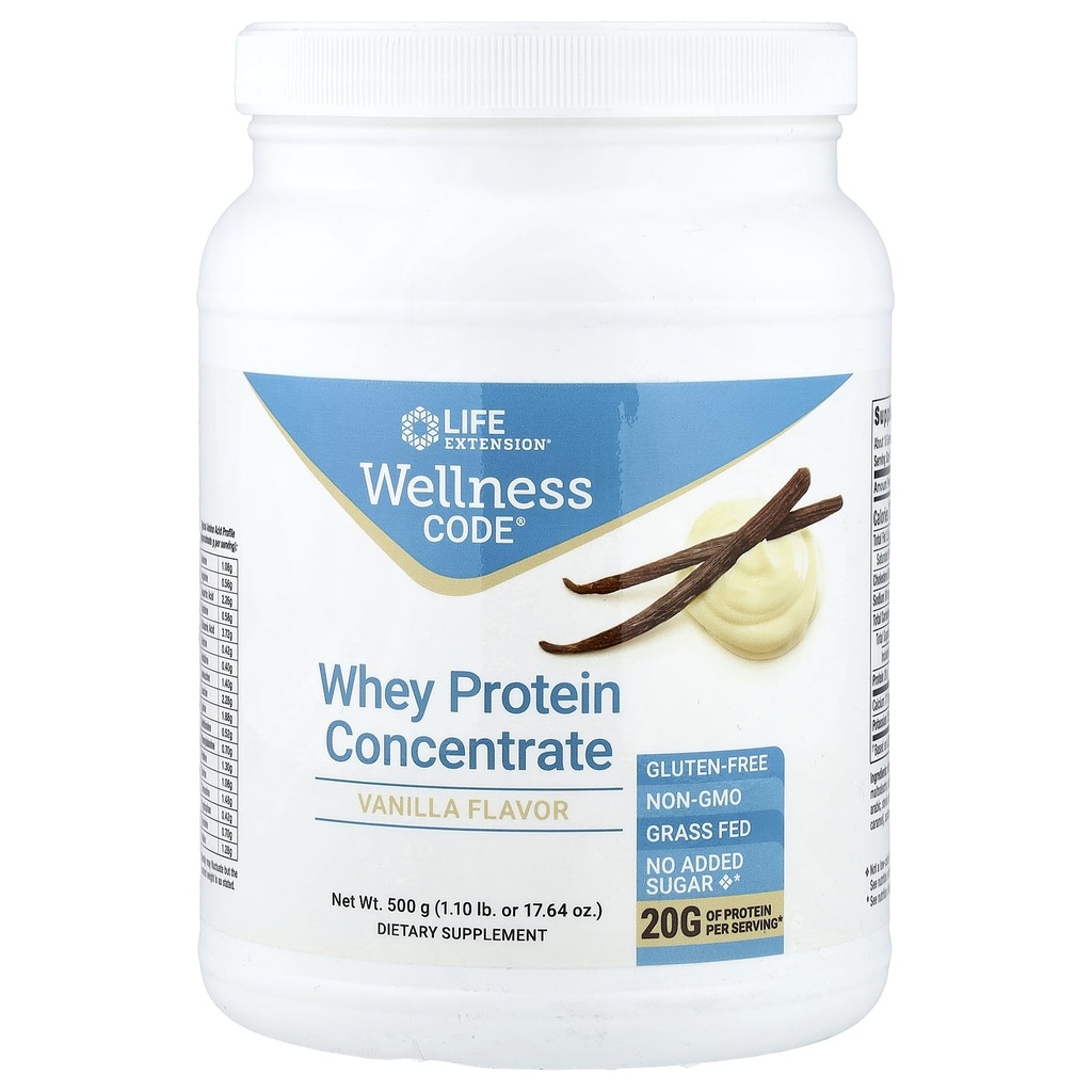 Life Extension Wellness Code Whey Protein Concentrate 20g Spiergroei & Immune Health - Gebronzen uit gras-Fed, Free-Range, Hormone-Free Cows, Non-GMO, No Added Sugar, Vanille-500g