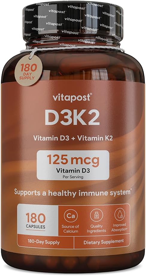 D3K2 D3 K2 Combineert vitamine K en vitamine D met calcium en bioperine. D3 en K2 Supplementen Gezonde botten, hart en spieren 180 capsules