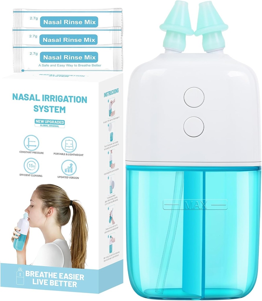 Système d'irrigation nasale avec 30 sachets salines – Double vitesse et collecte automatique des déchets – Irrigateur nasal portatif et ami de voyage – Nettoyeur nasal pour la machine à rincer sinusale de soulagement