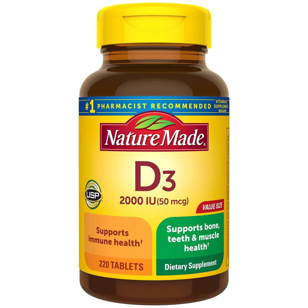 Nature Made Vitamin D3 2000 IE (50 mcg), Vitamine D supplement voor bot, tanden, spier- en immuungezondheidsondersteuning, 220 tabletten, 220 dagen