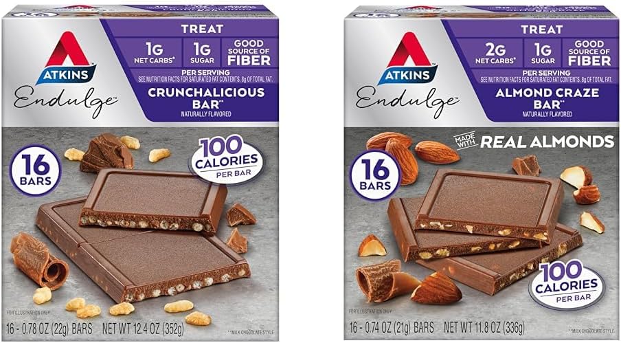 Atkins Endulge Treat Bars, Crunchalicious & Almond Craze Flavors, 1-2g Net Carbs, 1g Sugar, Good Fiber Source, Keto Friendly, 16 Tellen