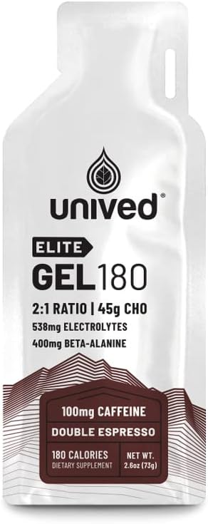 Unived Elite Gel 180-2:1 Ratio of Simple & Complex Carbs with Beta Alanine & Essential Electrolytes - for Endurance Atletes Runners & Cyclists -180kcal - Double Espresso - 100mg Cafeïne - Pack of 6