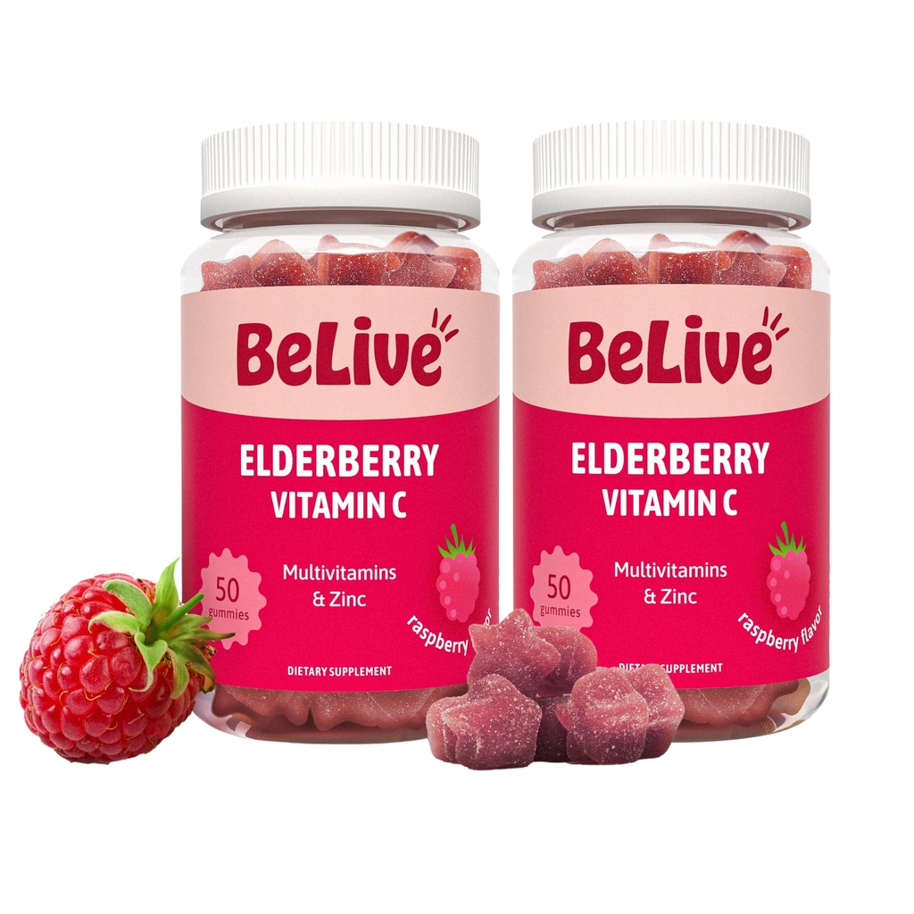 Gommies BeLive Elderberry avec du zinc et de la vitamine C - Supplément de soutien immunitaire avec vitamine D, A, E, B12 - Gommies pour os et dents sains, végétalien, kéto et non-OGM - Arôme framboise