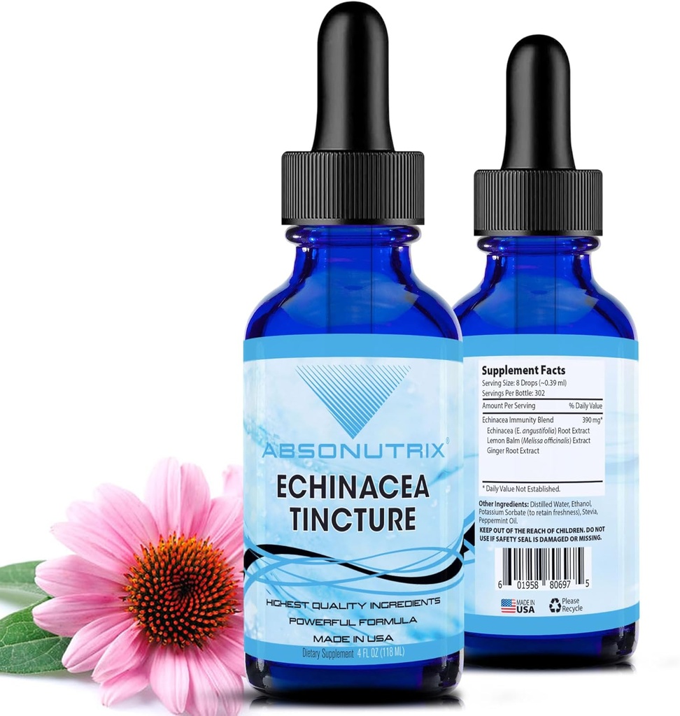 Absonutrix Echinacea Tinctuur Advanced Formula 390 mg, 4 Oz Liquid, 302 Servings, Made in USA, Quick Absorptie, Quality Potent Ingredients, Non-GMO, GMP Certified Facility, Cruelty-Free Products