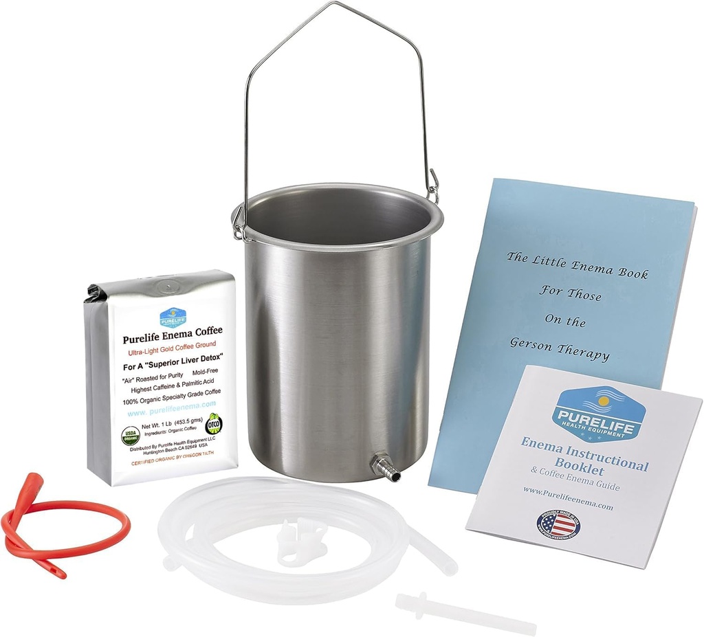 Purelife Detox Coffee Enema Kit - Made in USA - 2 Qt / Superior Non Toxic Made in USA Kwaliteit / 1 lb Purelife Ultra Light Gold Enema Coffee - Lab Getest met geen mycotoxines- Siliconen Tubing