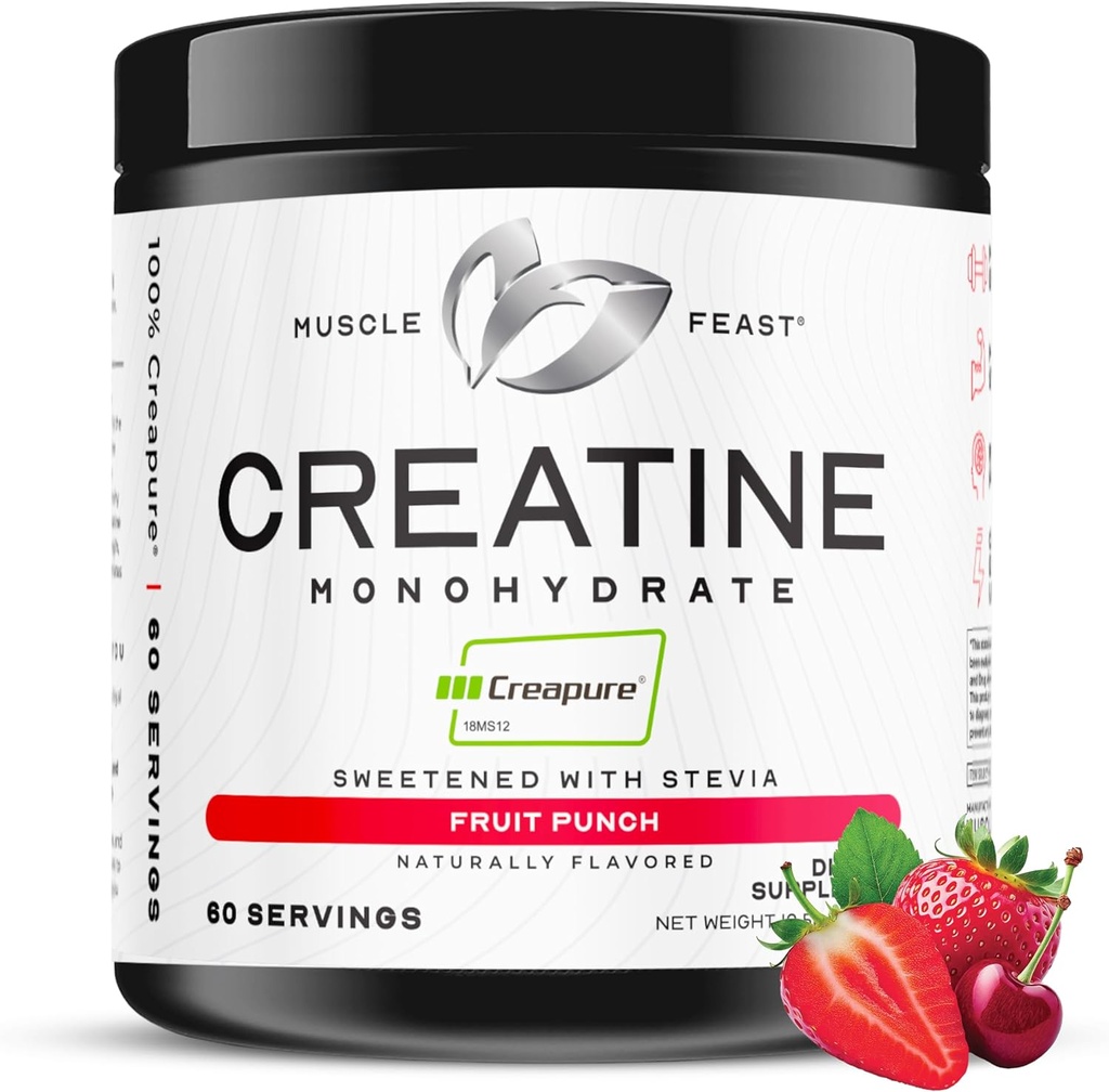 Muscle Feast Creapure Creatine Monohydraat Poeder, Vegan Keto Vriendelijk Glutenvrij Gemakkelijk te mengen, Spierherstel Supplement, Creatine voor Spiergroei, Gearomatiseerde Creatine, Natuurlijke Fruit Punch 300g