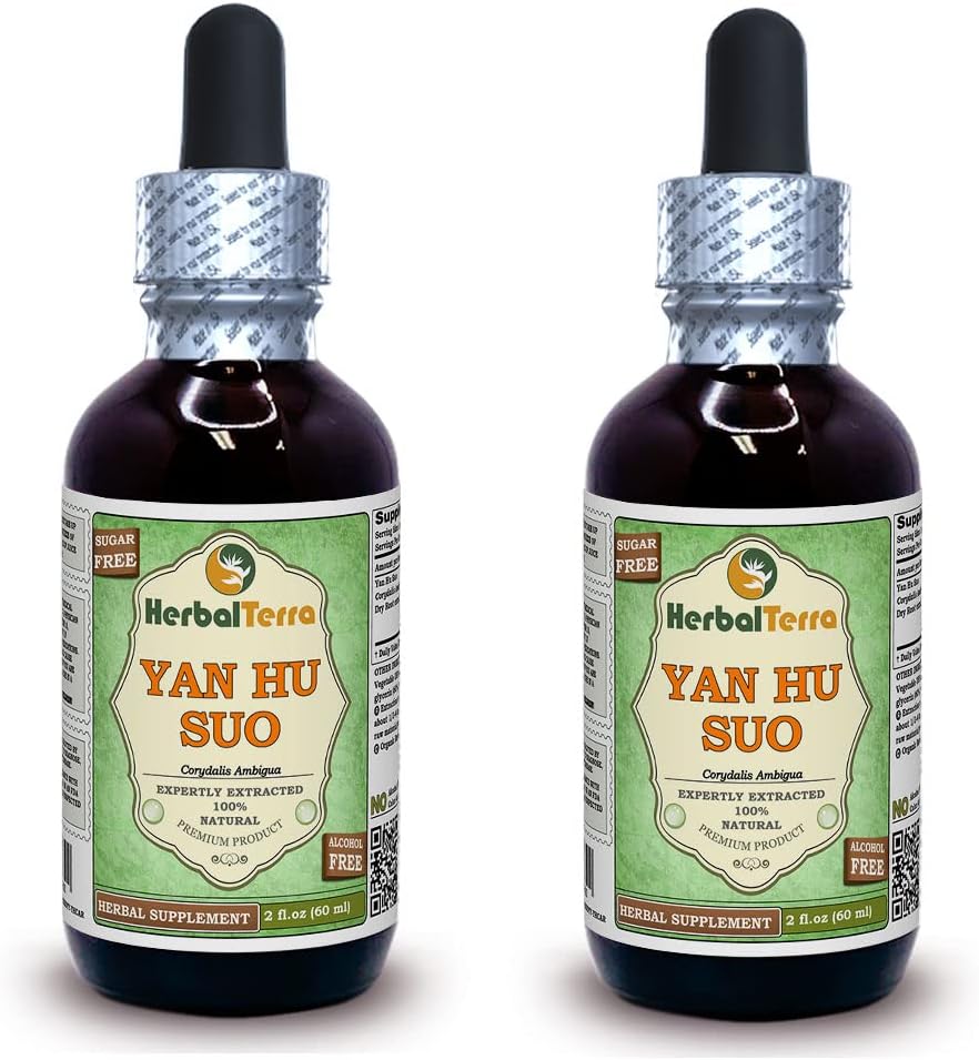 Yan Hu SUO (Corydalis Ambigua) Glyceriet, gedroogde wortels Alcoholvrije vloeibare Extract (Grote naam: HerbalTerra, Trots Made in USA) 2x2 fl.oz (2x60 ml)