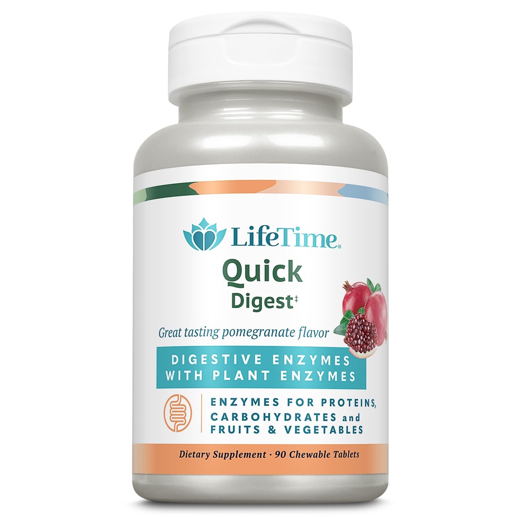 LIFETIME Quick Digest Digestive Enzymes - Plant Enzymes for Proteins, Carbohydratations, Fruits and Fruits - Digestive Health Support - Granaatappelsmaak - 90 porties, 90 Kauwtabletten