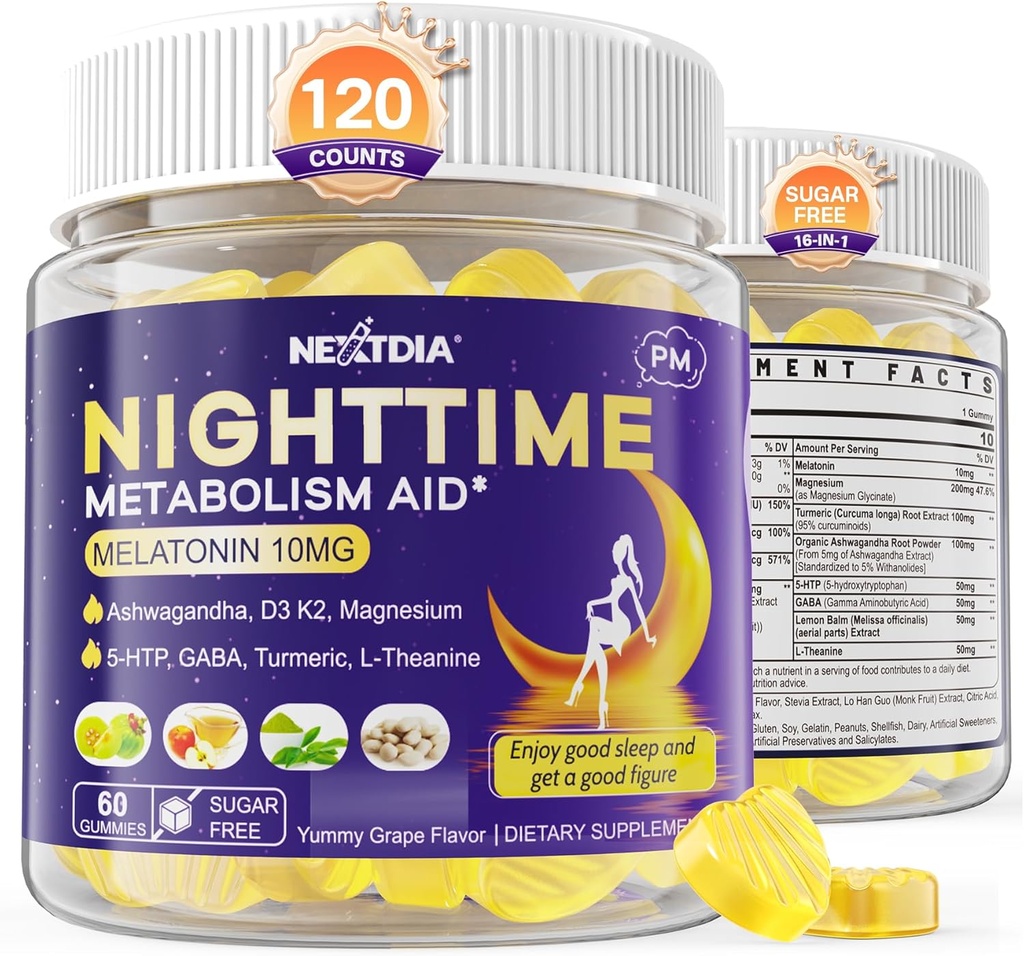 Melatonine 10mg Gummies, Nachttijd Metabolisme Gummy's voor volwassenen, Crush Overtollig hamsteren terwijl u rust, bevorderen gezonde Zzz's, met Magnesium, Ashwagandha, 5-HTP, GABA, 100% Drugvrij, Sugar Free,2Packs