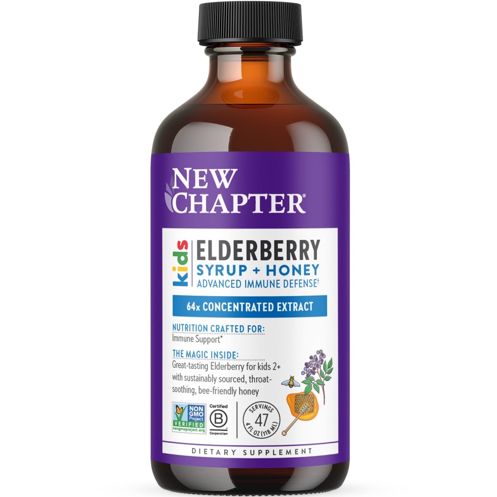 Nieuw hoofdstuk Vlierbessen Kids Syrup, Advanced Immune Defense for Ages 2+, 64x Concentrated Vlierbessen, Gezoet met Throat-Sothing Grade A Honing, Non-GMO Project Geverifieerd, 4 Fl Ounce