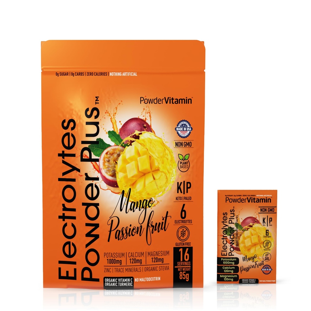 PoederVitamine Electrolytes Powder Plus, Keto, Mango Passionfruit, Suikervrij, Roze Himalayazout, 1000mg Kalium, 120mg Calcium, 120mg Magnesium, Non-GMO, Zero Calories, (16 Hydration Packets)