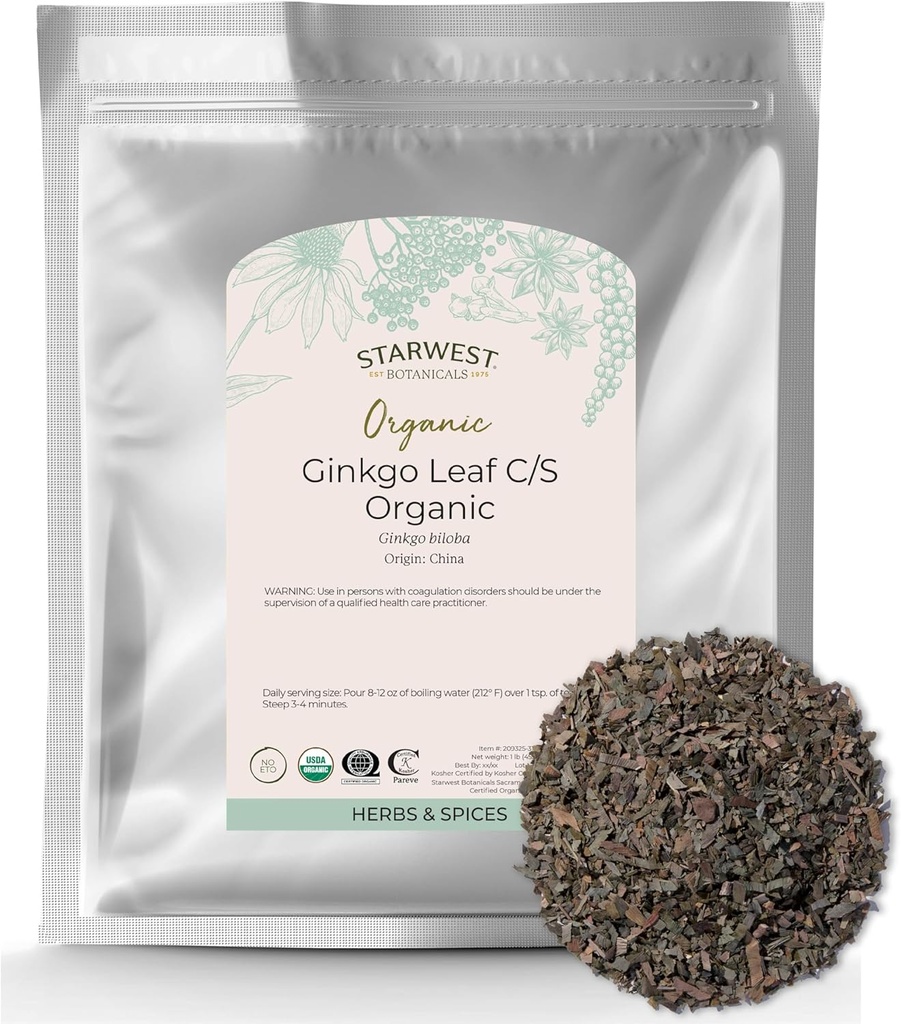 Starwest Botanicals Biologische Ginkgo Leaf - Ginkgo Biloba, gedroogd Loose Leaf Herb voor thee, capsules, & Herbal Blends, Cut & Sifted, Certified Kosher, Non-GMO - Bulk 1 lb Bag