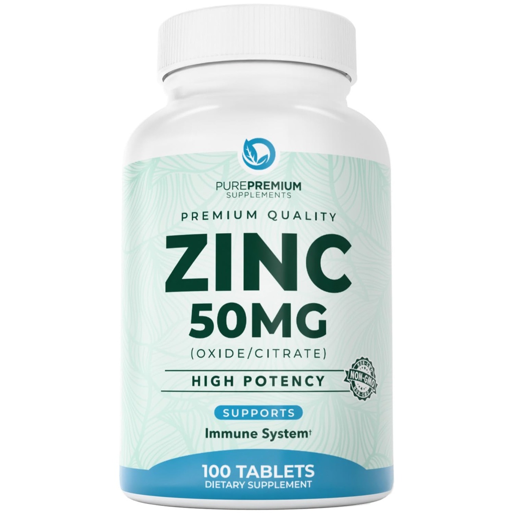 PurePremium Natural Zinc 50mg Suppléments pour les hommes/femmes - GMP-Certified High Potency Vitamine Zinc Citrate/Oxide pour les adultes, Immune Antioxydant, Soutien énergétique - 100 comprimés