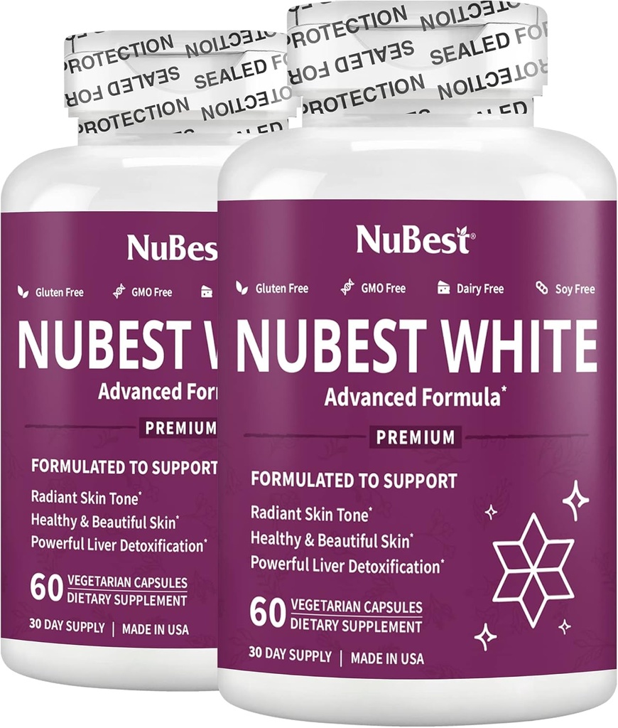 NuBest White - Skin Whitening Supplement, Supplement voor Antiveroudering met Glutathion, Vitamine C, E, B2, Melkdistel Extract, Groene thee Extract voor verlichting en Verheldering Pack 2