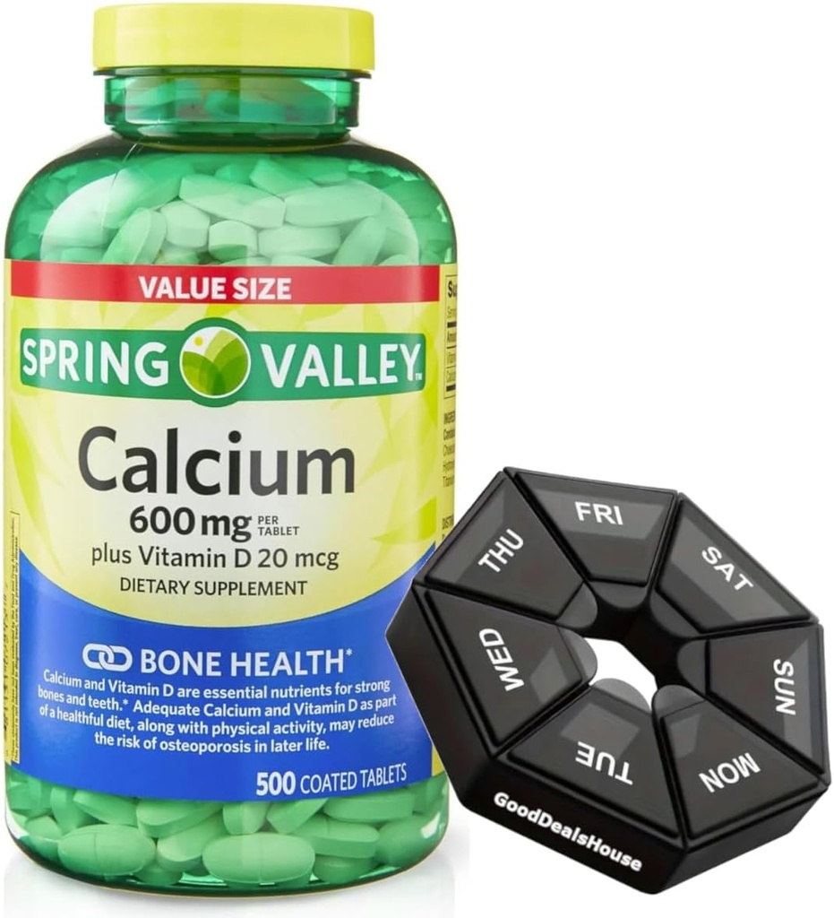 Lente - Valley Calcium 600 mg + Vitamine D 20 mcg - 500 Tel met Wekelijkse pil Organizer GoodDealsHouse - Bone Health Dietary Supplement Tablets
