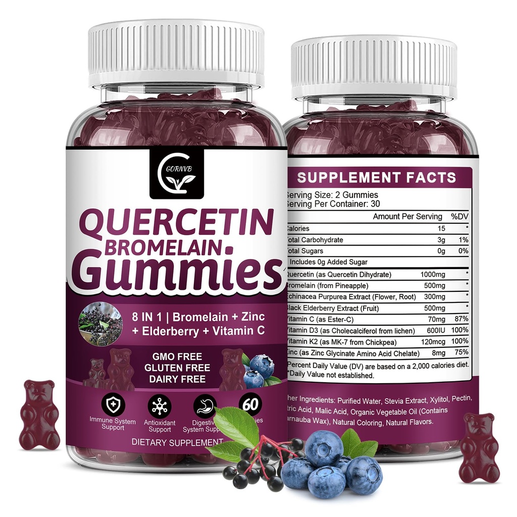 Quercetine Gummies with Bromelain 2378mg - Blend with Elderberry, Echinacea Purpurea Extract, Zink, Vitamine C,D3,K2, Complex Supports Immune, Cardiovasculaire & Respiratory, Vegan Gummy for Adult & Kid