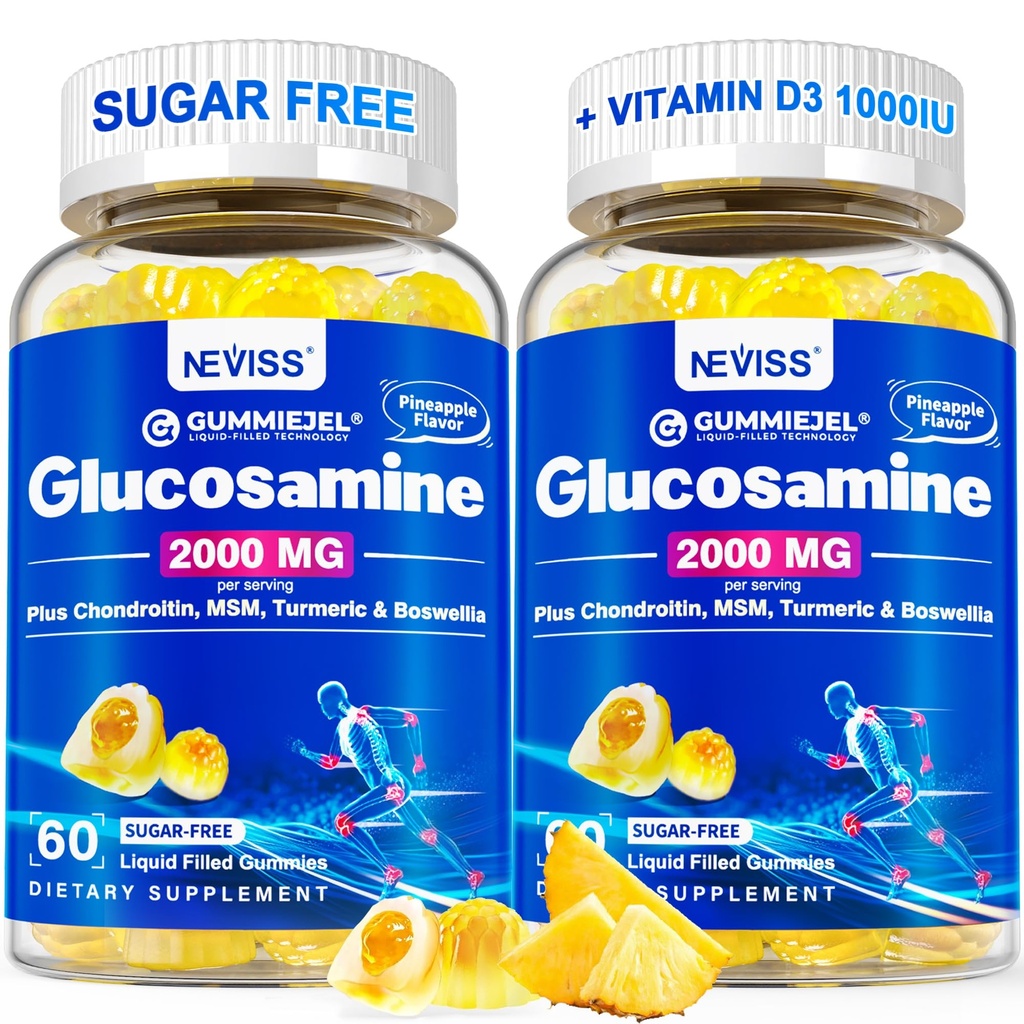 Glucosamine sans sucre - Supplément de glucosamine plus Chondroïtine, MSM, Curcuma, Boswellia, Acide hyaluronique, Vitamine D3 & Zinc, 120 Gummies, 60 portions