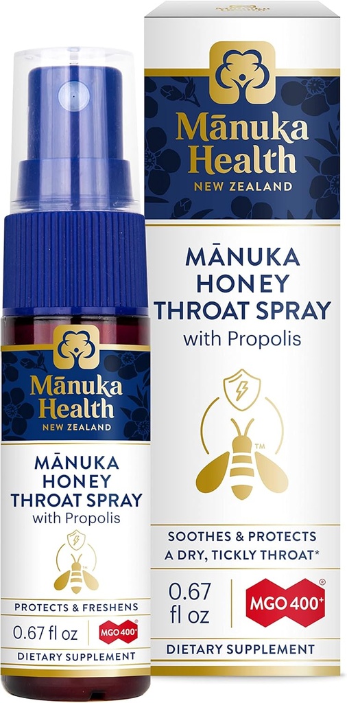 MANUKA GEZONDHEID, Manuka Honey Throat Spray met Propolis .67 fl oz, Protects & Freshens, MGO 400+, BIO30 Nieuw-Zeeland Propolis