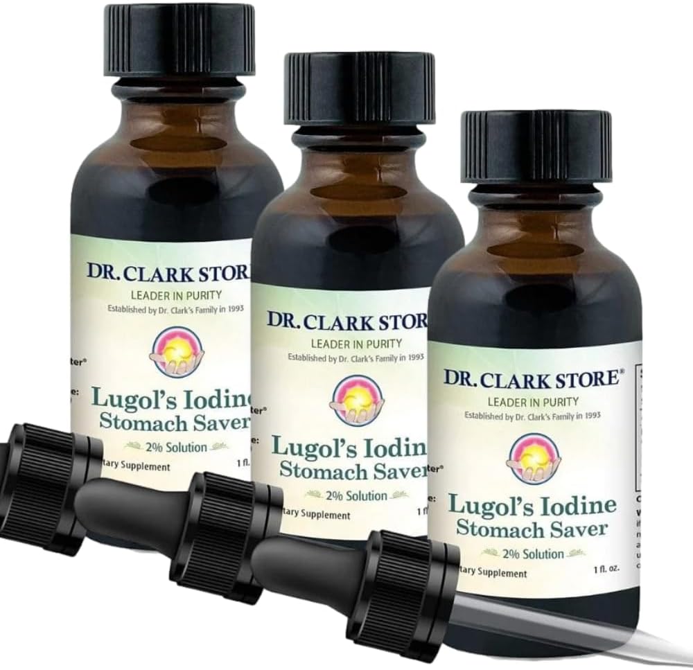 Dr Clark LugolS Solution Iodine 2% - Iodine Aqueuse et 2 % Granulaire - Relief de l'estomac naturel et soins de santé - 1 fl. Oz avec un Dropper 3Pack